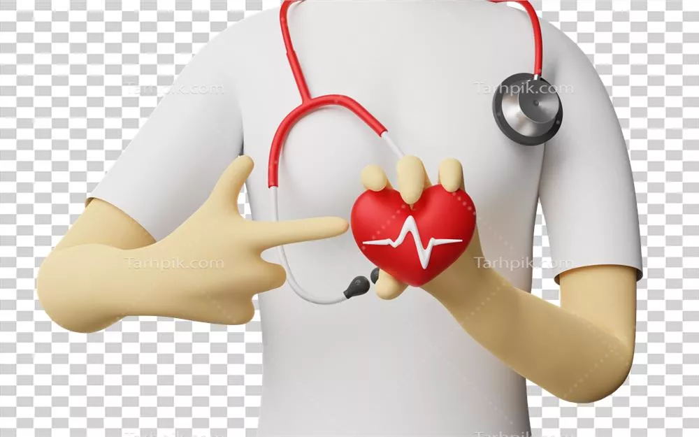 عکس دوربری دکتر زن کارتونی با قلب قرمز در دستانش و اشاره به آن