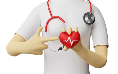 عکس دوربری دکتر زن کارتونی با قلب قرمز در دستانش و اشاره به آن