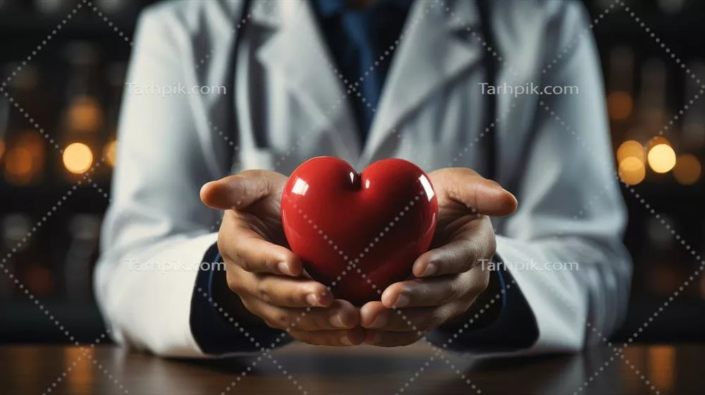 عکس دکتر در حال نگه داشتن قلب قرمز در دستانش - نماد عشق و مراقبت