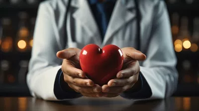 عکس دکتر در حال نگه داشتن قلب قرمز در دستانش - نماد عشق و مراقبت