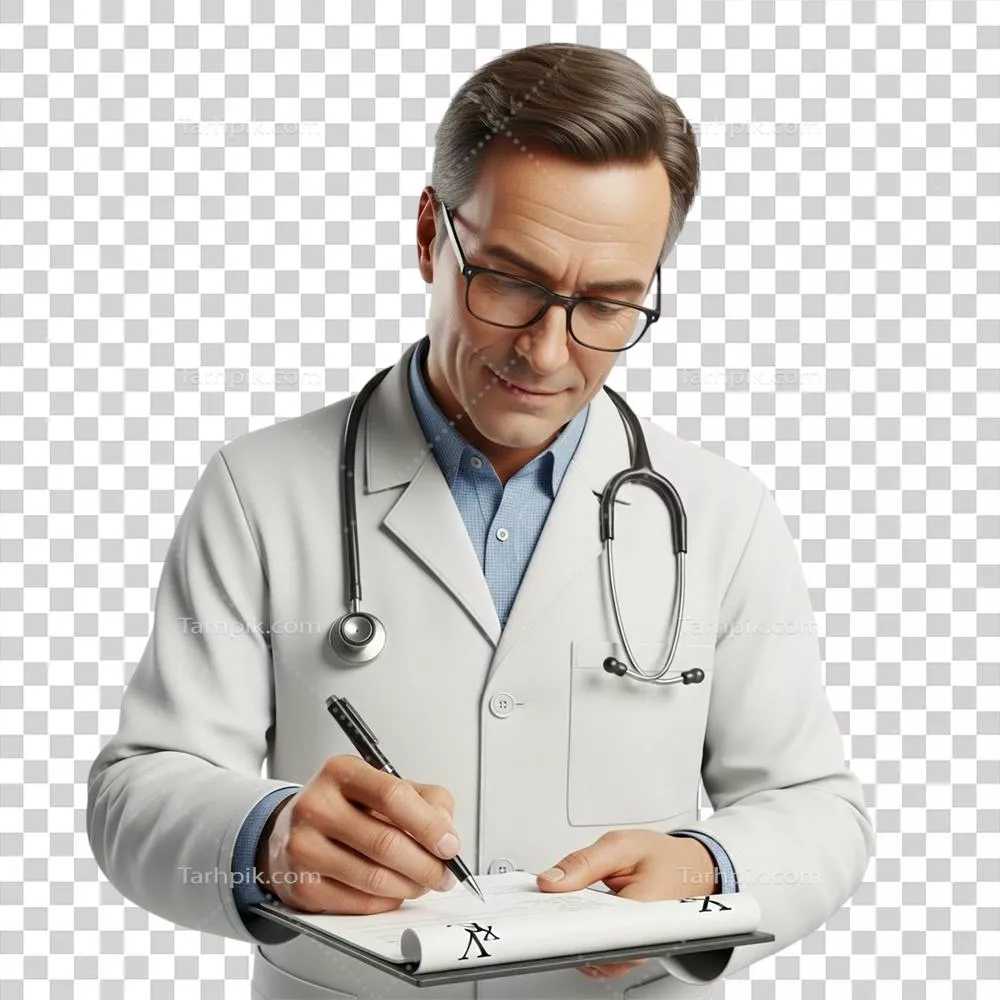 عکس دوربری پزشک در لباس سفید با گوشی پزشکی در حال نوشتن بر روی پرونده پزشکی