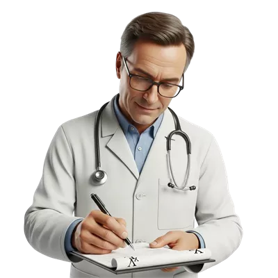 عکس دوربری پزشک در لباس سفید با گوشی پزشکی در حال نوشتن بر روی پرونده پزشکی
