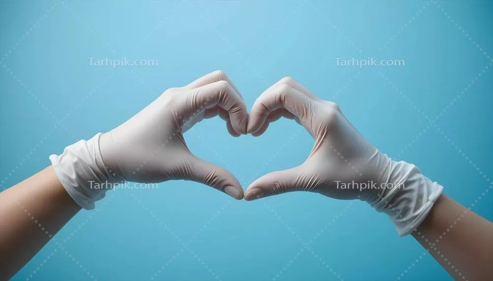 عکس دست های پوشیده از دستکش پزشکی به شکل قلب بر روی زمینه آبی
