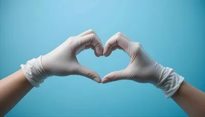 عکس دست های پوشیده از دستکش پزشکی به شکل قلب بر روی زمینه آبی