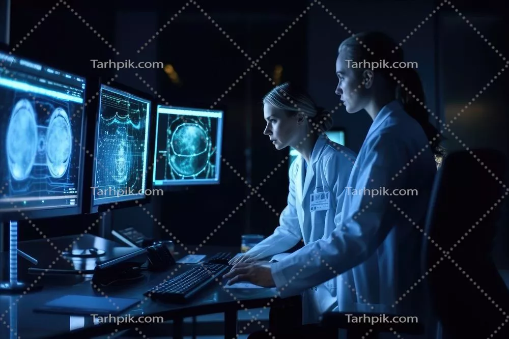 عکس دو پزشک زن در حال بررسی تصویر سی تی اسکن در مطب شبانه