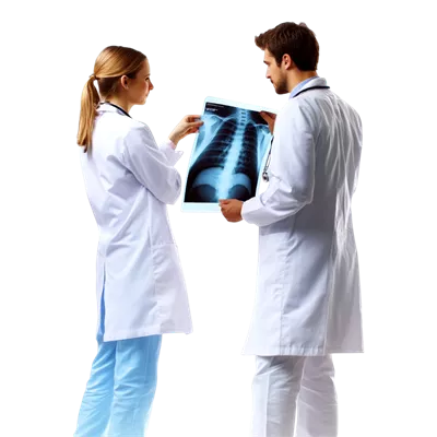 عکس دوربری دو پزشک جوان در حال بررسی نتایج اشعه ایکس در پس زمینه سفید