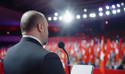 عکس سخنرانی مرد در برابر جمعیت بزرگ با پرچم های قرمز در کنفرانس رهبری