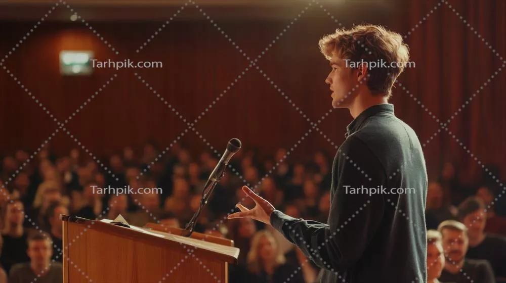 عکس مرد جوانی که با شور و اشتیاق در حال سخنرانی در کنفرانس است