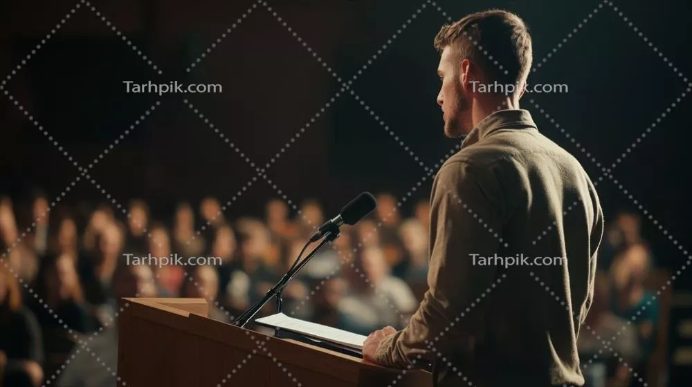 عکس مرد جوانی که با شور و اشتیاق در حال سخنرانی در کنفرانس است