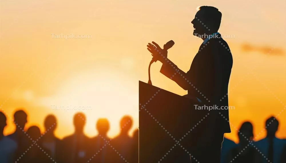 عکس تصویری از یک رهبر در حال سخنرانی با جمعیتی انتزاعی و تاثیرگذار