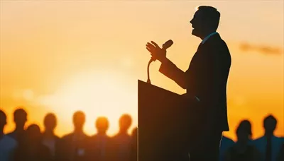 عکس تصویری از یک رهبر در حال سخنرانی با جمعیتی انتزاعی و تاثیرگذار