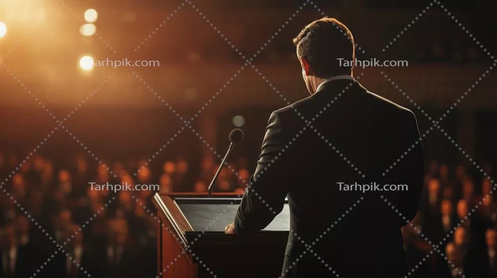 عکس سخنرانی پرشور یک سیاستمدار از تریبون در یک رویداد رسمی