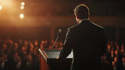 عکس سخنرانی پرشور یک سیاستمدار از تریبون در یک رویداد رسمی