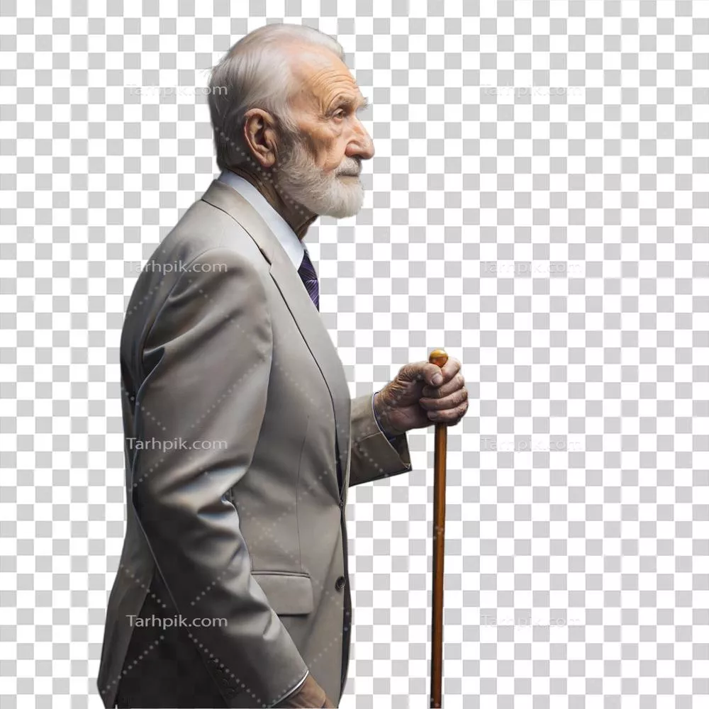عکس دوربری مرد سالخورده در کت و شلوار با عصا در نمای جانبی بر روی پس زمینه شفاف