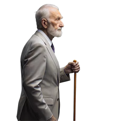 عکس دوربری مرد سالخورده در کت و شلوار با عصا در نمای جانبی بر روی پس زمینه شفاف