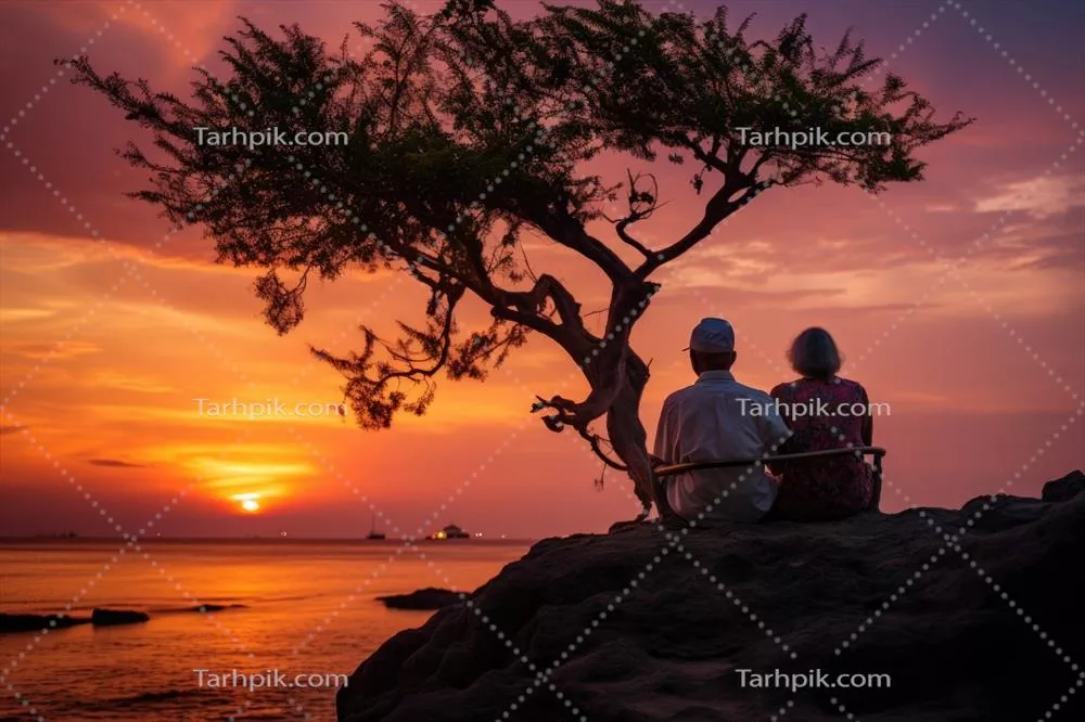 عکس تصویری زیبا از یک زوج سالخورده در انتظار غروب رنگارنگ در کنار دریا