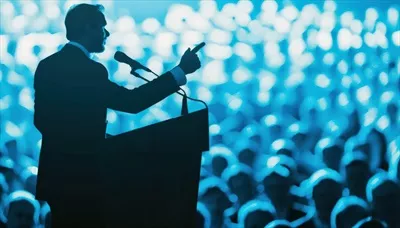 عکس تصویری از یک رهبر در حال سخنرانی با جمعیتی انتزاعی و تاثیرگذار