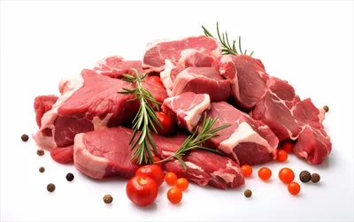 عکس گوشت گوساله آماده برای پخت و پز با سبزیجات در پس زمینه سفید