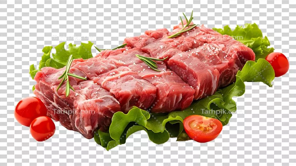 عکس دوربری استیک گوشت خام و سبزیجات در پس زمینه شفاف به صورت گرافیکی