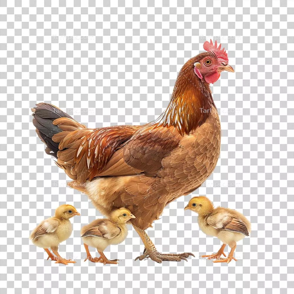 عکس دوربری تصویر جوجه ها در کنار مرغ مادر بر روی پس زمینه شفاف