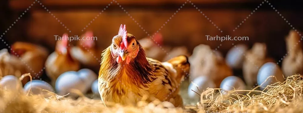 عکس مرغی در مزرعه نشسته بر روی تخم ها در کاه، نمایی زیبا و دلنشین