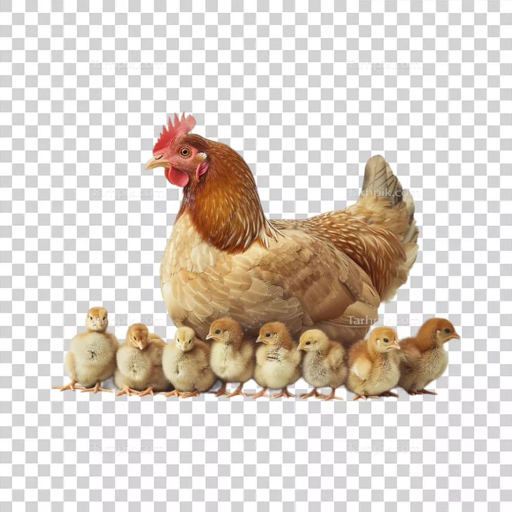 عکس دوربری تصویری زیبا از مرغ و جوجه ها در پس زمینه ای شفاف و دلنشین