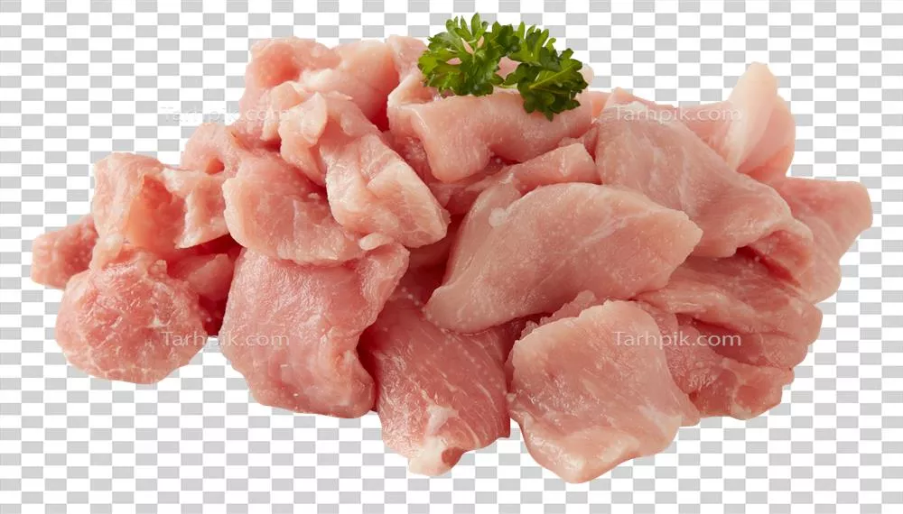 عکس دوربری قطعات تازه گوشت خوک برش خورده با پس زمینه شفاف و بدون حاشیه