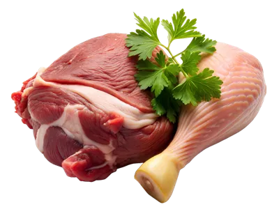عکس دوربری گوشت خام گوساله و پای مرغ با تزئین جعفری تازه