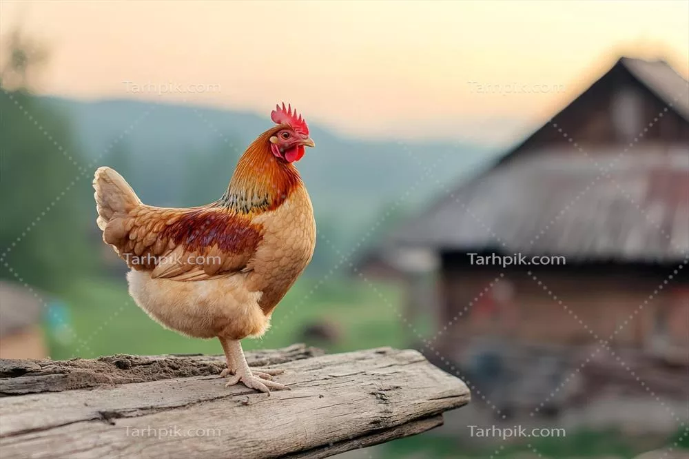 عکس گوسفند در حال چرا بر روی تخته چوبی در مزرعه در غروب آفتاب