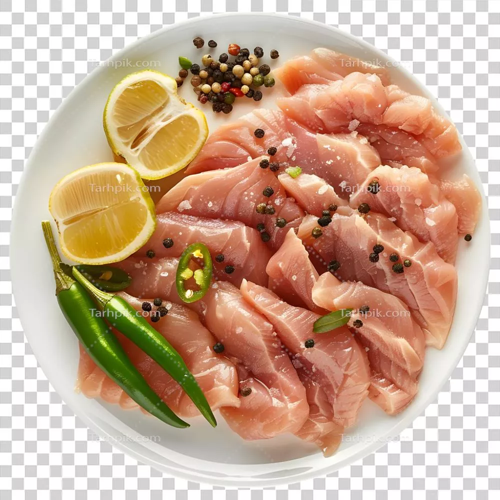عکس دوربری تصویری سه بعدی از گوشت خام در بشقاب با پس زمینه شفاف
