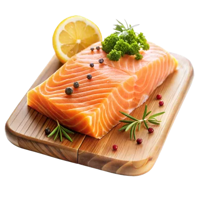 عکس دوربری فیله سالمون تازه بر روی تخته چوبی با لیمو و سبزیجات معطر