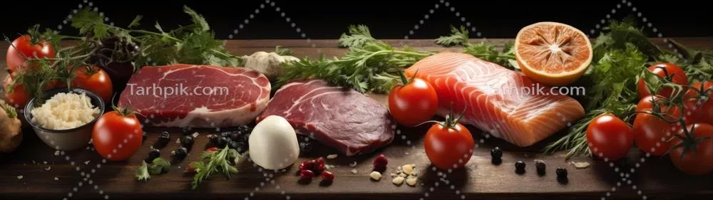 عکس تنوعی از گوشت تازه، ماهی، سبزیجات و گیاهان معطر برای آشپزی