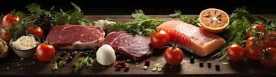 عکس تنوعی از گوشت تازه، ماهی، سبزیجات و گیاهان معطر برای آشپزی