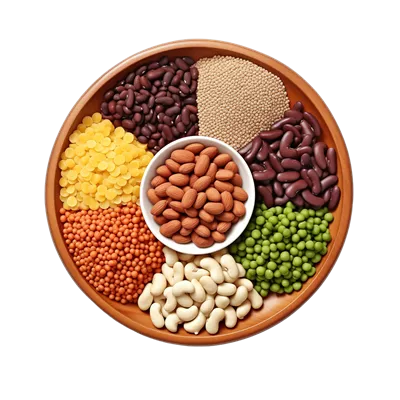 عکس دوربری انواع مختلف لوبیا در کاسه ای شفاف با نمای بالا و پس زمینه شفاف