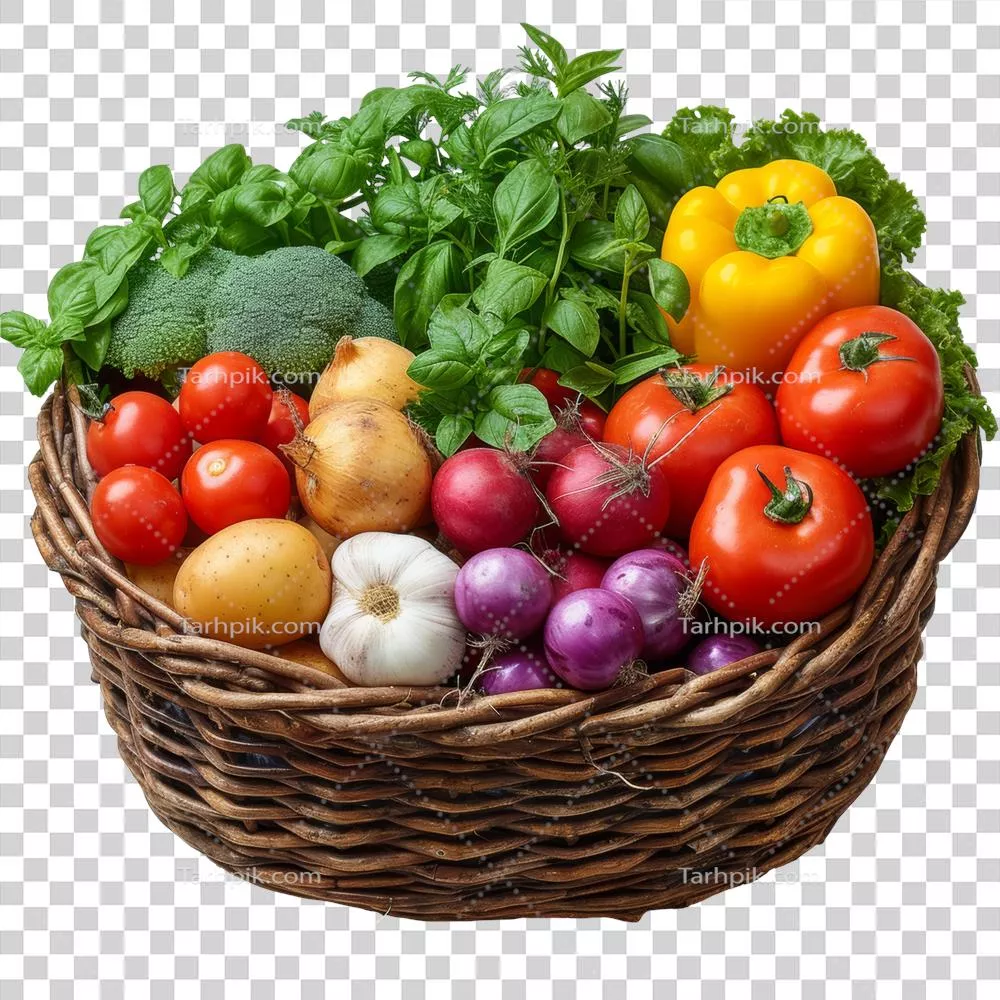 عکس دوربری سبد بافتنی پر از سبزیجات تازه و خوشمزه برای برداشت فراوان