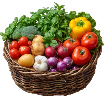 عکس دوربری سبد بافتنی پر از سبزیجات تازه و خوشمزه برای برداشت فراوان