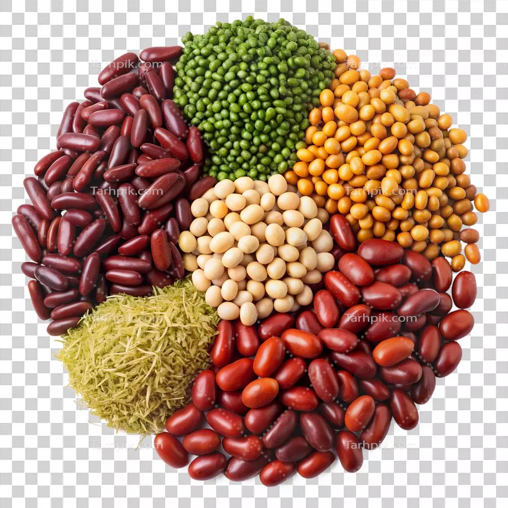 عکس دوربری مجموعه ای از حبوبات و لوبیاهای رنگارنگ در یک بشقاب زیبا