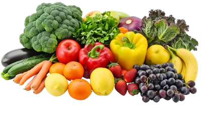 عکس دوربری مجموعه ای رنگارنگ و تازه از میوه ها و سبزیجات بر روی پس زمینه شفاف