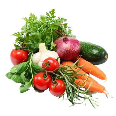 عکس دوربری سبزیجات تازه برداشت شده شامل گوجه فرنگی، هویج، پیاز، سیر و سبزیجات معطر بر روی پس زمینه ای شفاف و تمیز