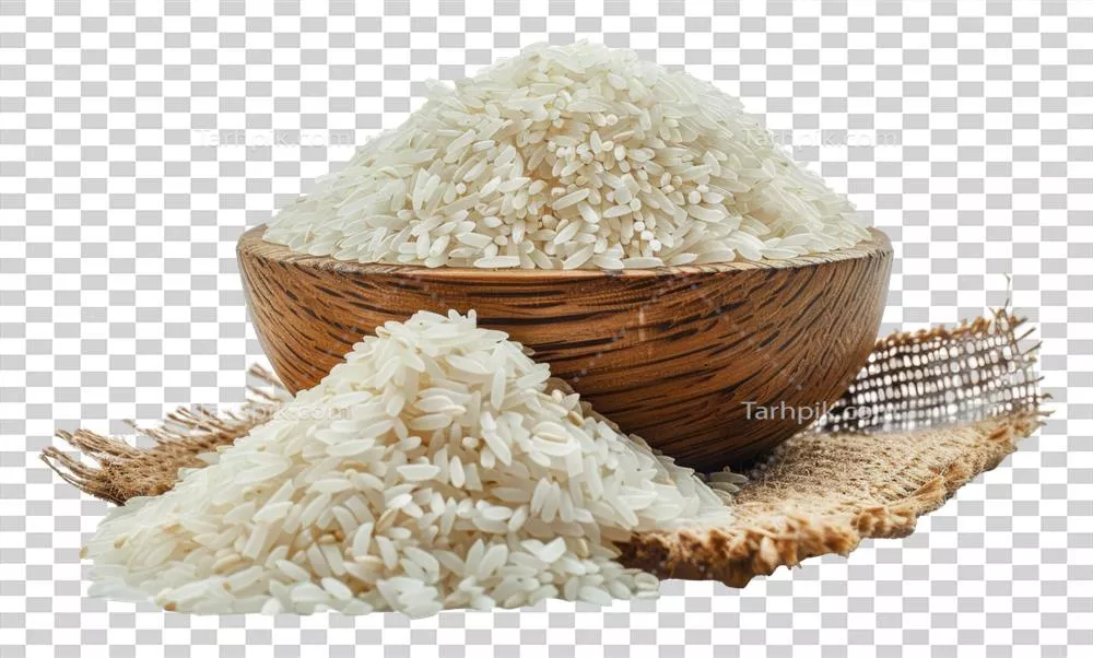 عکس دوربری برنج سفید خام در کاسه چوبی - تصویر با کیفیت بالا و شفاف