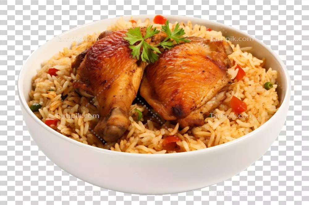 عکس دوربری غذای خوشمزه مرغ و برنج تولید شده با هوش مصنوعی بر روی پس زمینه شفاف