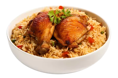عکس دوربری غذای خوشمزه مرغ و برنج تولید شده با هوش مصنوعی بر روی پس زمینه شفاف