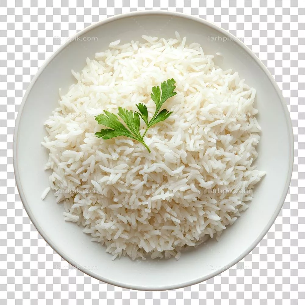 عکس دوربری برنج یاسمن تازه پخته شده در ظرف شفاف با شاخه ای از جعفری