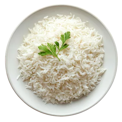 عکس دوربری برنج یاسمن تازه پخته شده در ظرف شفاف با شاخه ای از جعفری