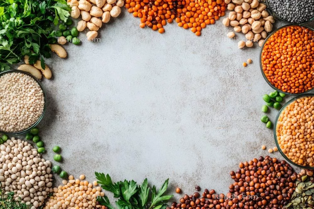 عکس انواع تازه حبوبات و legumes با فضایی خالی برای طراحی