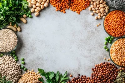 عکس انواع تازه حبوبات و legumes با فضایی خالی برای طراحی