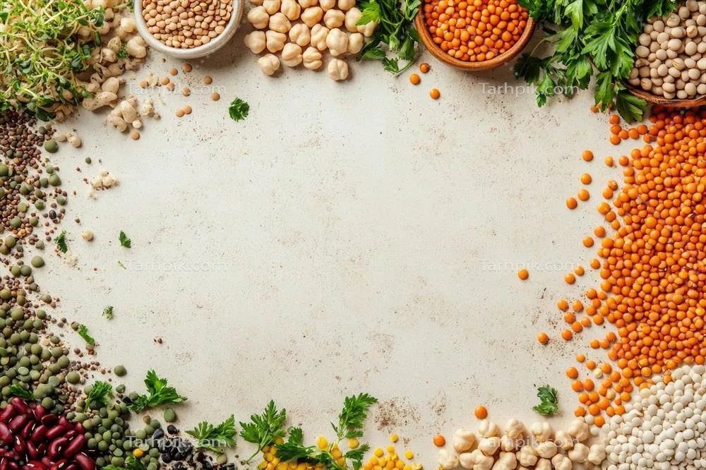 عکس انواع تازه حبوبات و legumes با فضایی خالی برای طراحی و استفاده