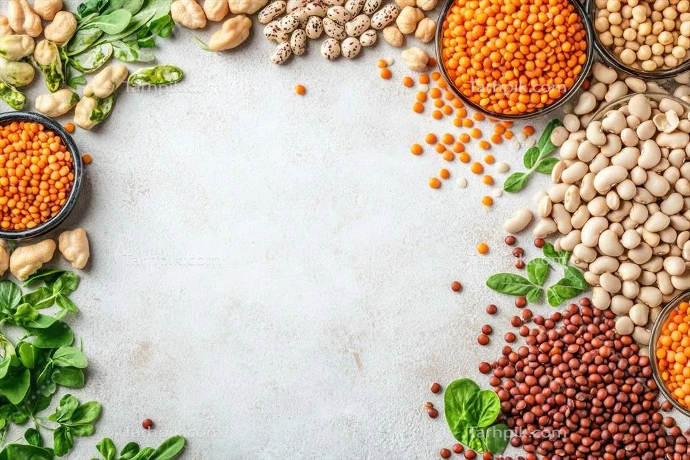 عکس انواع تازه حبوبات و legumes با فضایی خالی برای طراحی و استفاده