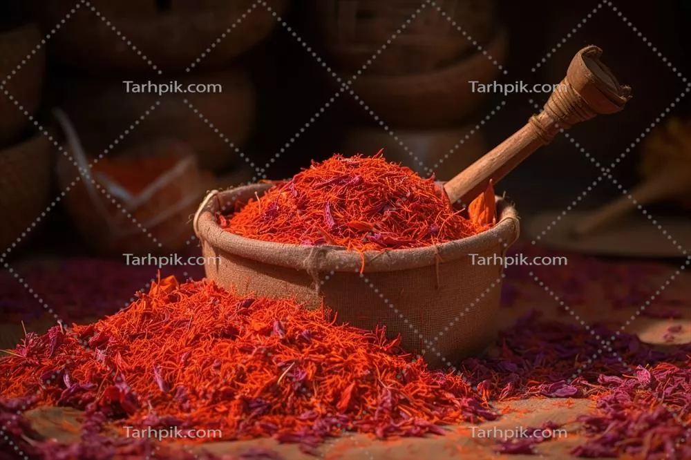 عکس زعفران در کاسه چوبی: نمای نزدیک و جذاب از ادویه گرانبها
