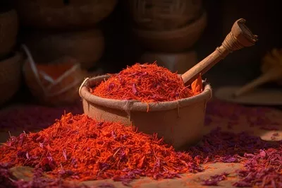 عکس زعفران در کاسه چوبی: نمای نزدیک و جذاب از ادویه گرانبها